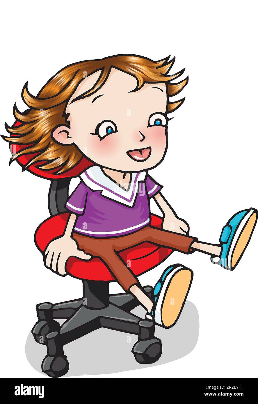 Illustrazione, giovane ragazza bianca, 5-7 anni, che gira su sedia da ufficio, illustrazione di bambini, bambini attivi, attività quotidiane, coordinazione mano-occhio Foto Stock