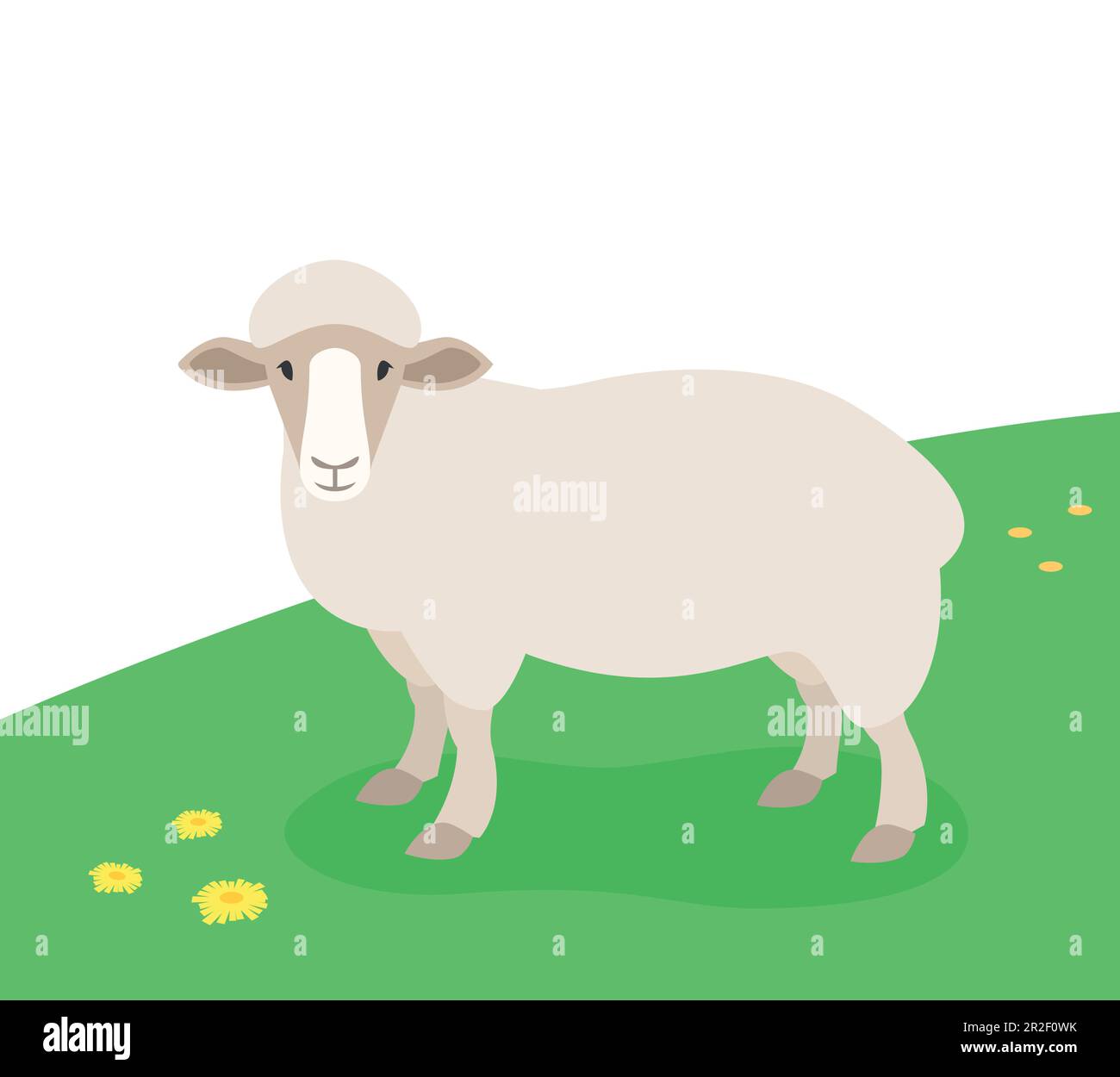 Pecora in piedi nel prato verde. Pascolo di animali domestici dell'azienda agricola su pascolo primaverile. Illustrazione del cartone animato piatto. Illustrazione Vettoriale