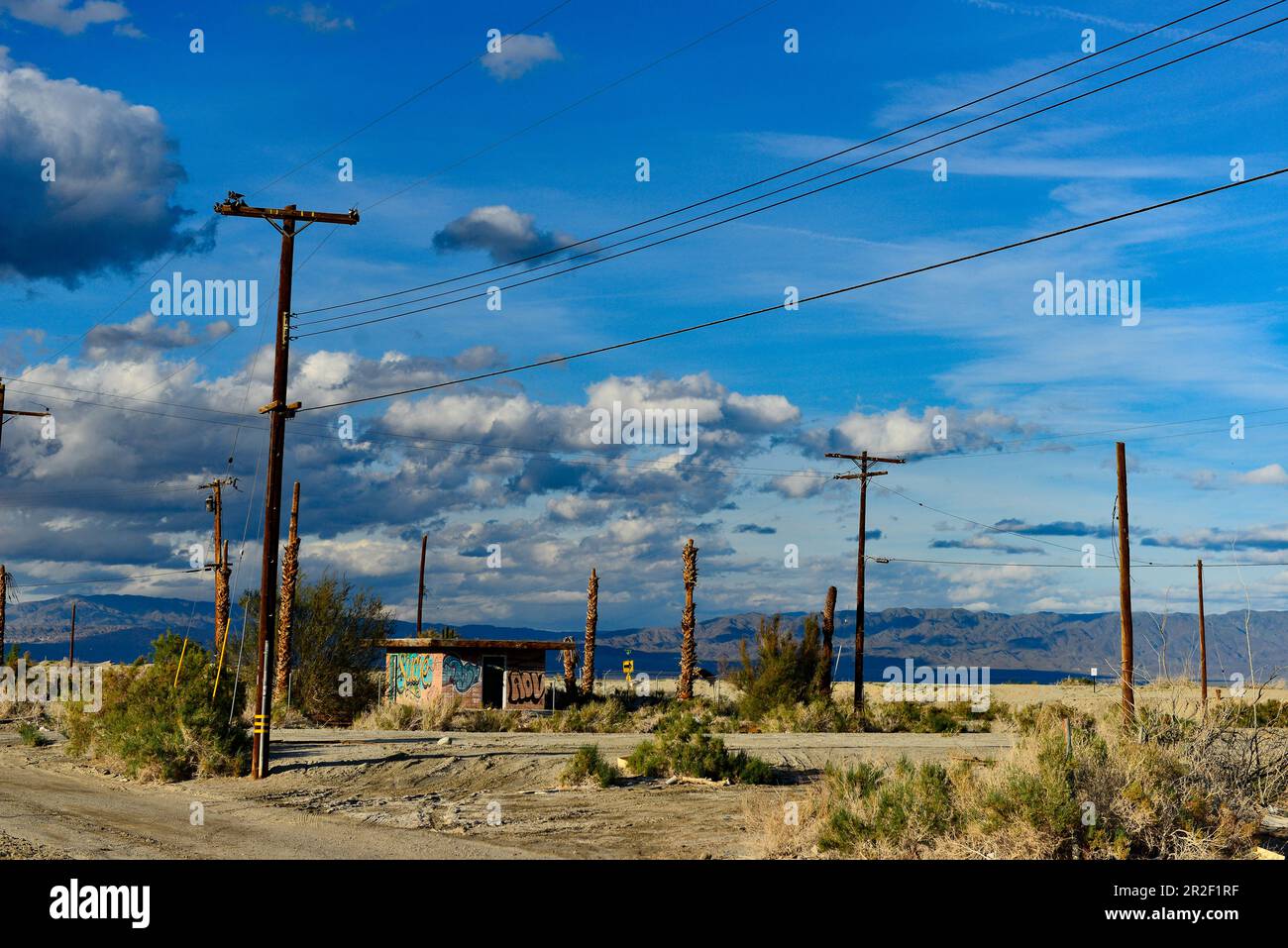 Pali di telegrafo e rovina sul lago di Salton in California, Stati Uniti Foto Stock