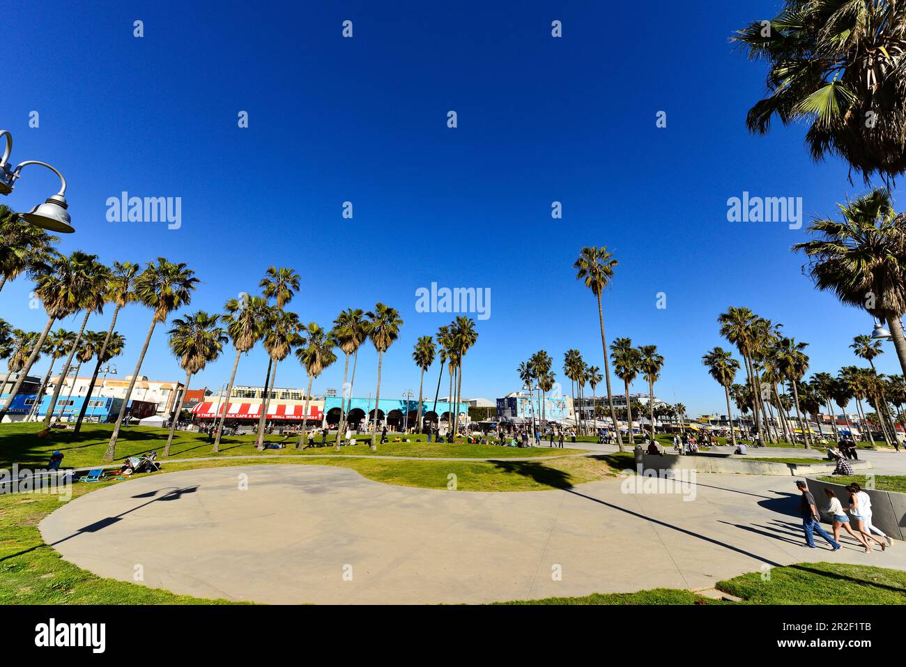 La gente si gode il proprio tempo in un parco con palme sull'Ocean Front Walk, Venice Beach, California, USA Foto Stock