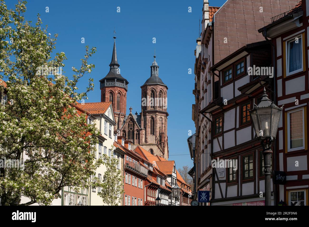 Vista dalla città a graticcio al St. Johannis chiesa con due torri in primavera, San Johannis chiesa, G? Ttingen, bassa Sassonia, Germania, Europa Foto Stock