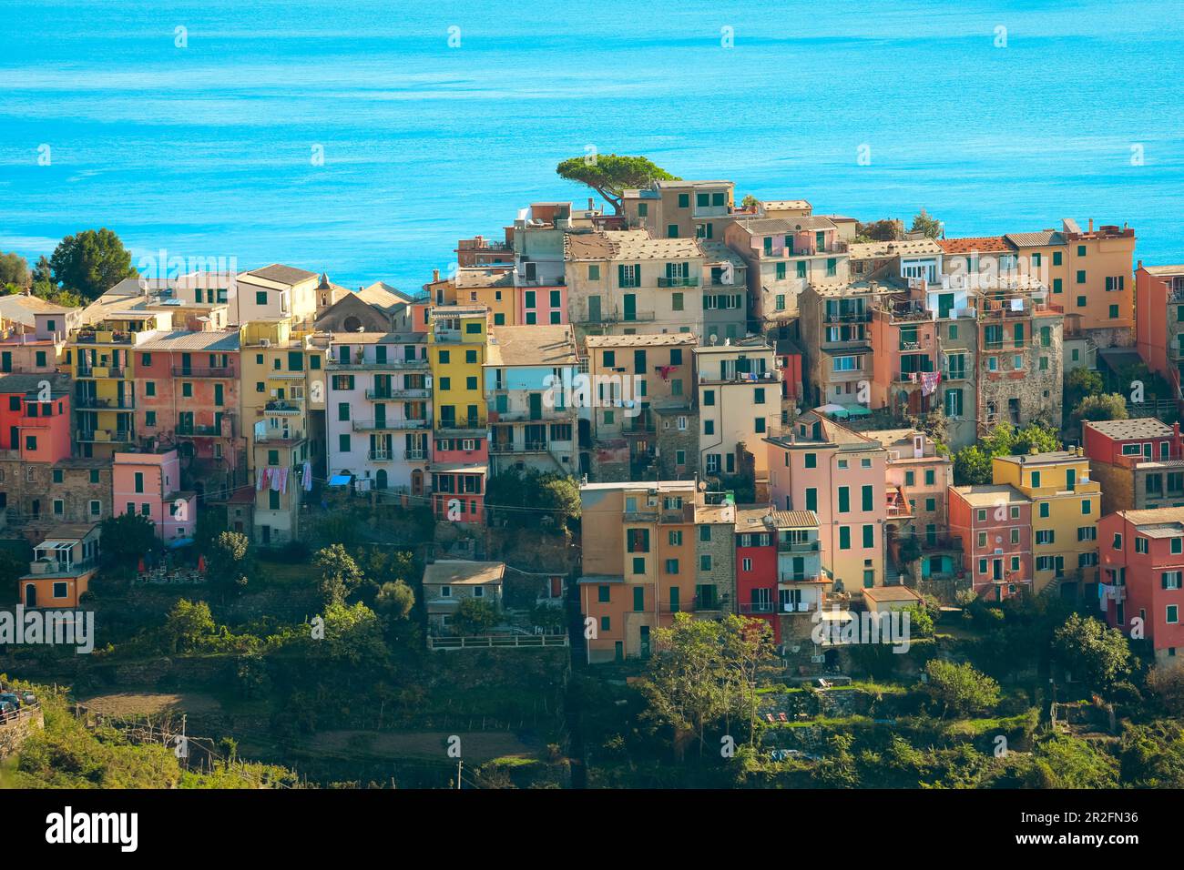 Vista panoramica sul pittoresco villaggio di Riomaggiore, cinque Terre, Italia Foto Stock