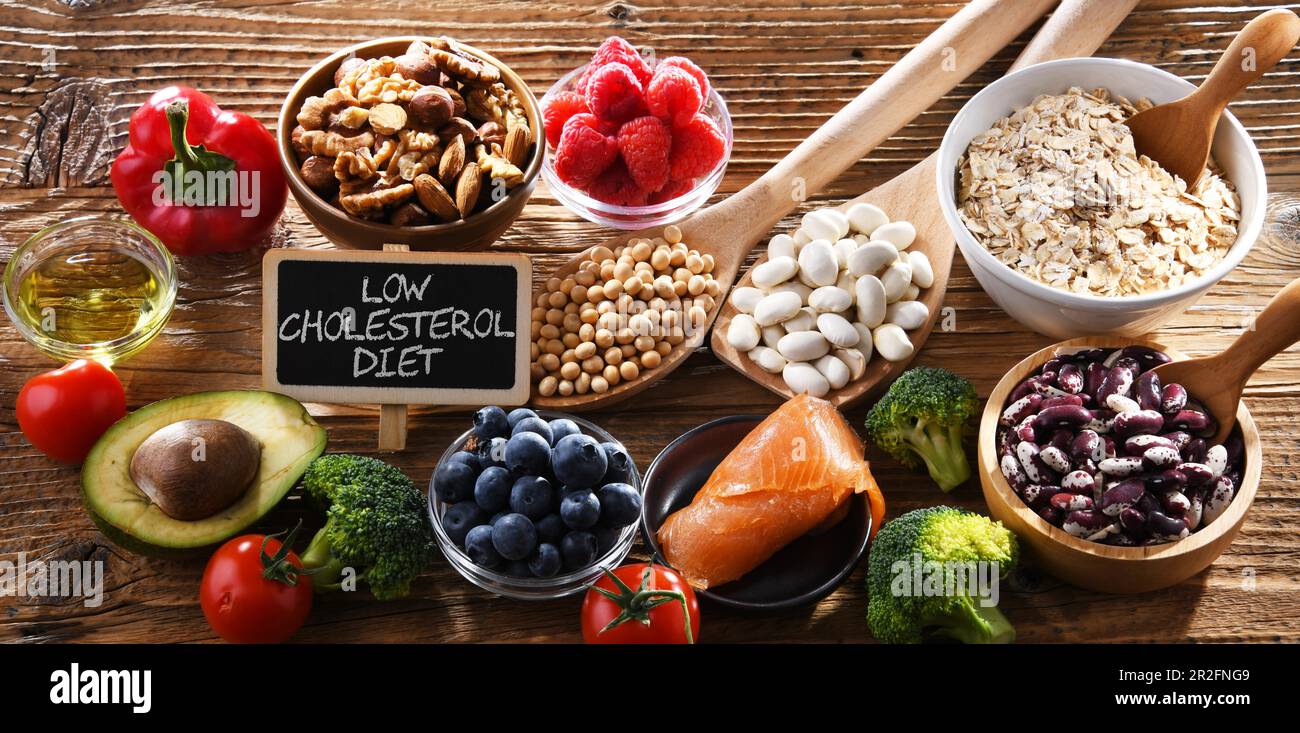 Colesterolo abbassando prodotti alimentari. Dieta livelli crescenti di lipoproteina ad alta densità Foto Stock