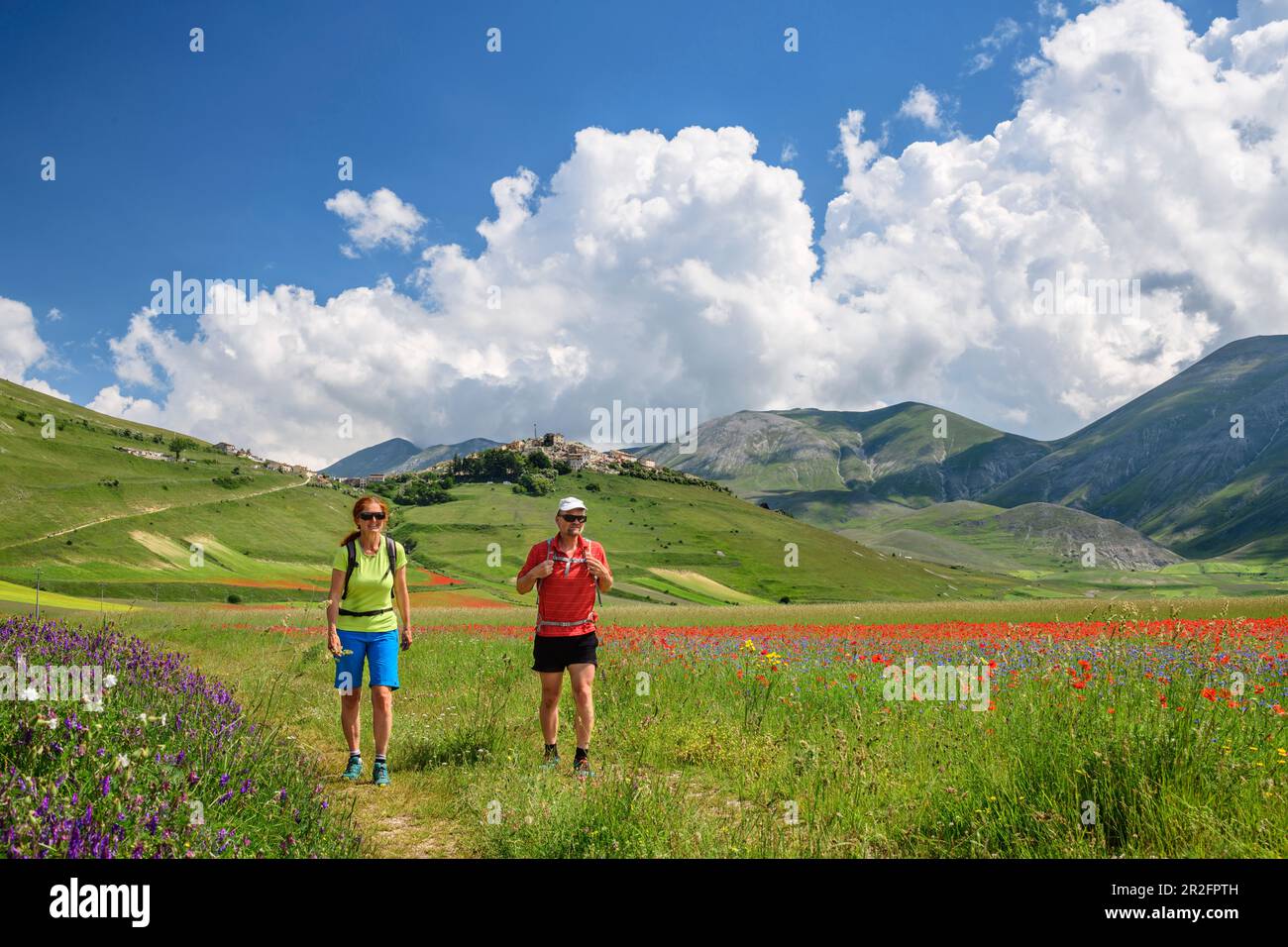 Uomo e donna che camminano attraverso campi di papavero fioriti con Castelluccio sullo sfondo, Castelluccio, Monti Sibillini, Nazionale P. Foto Stock