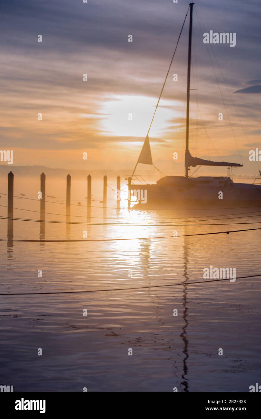 Barca nella nebbia all'alba sul lago Starnberg, Baviera, Germania Foto Stock