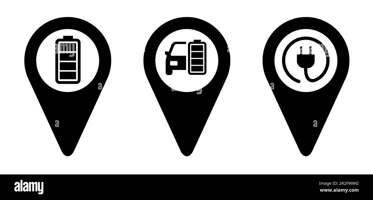 Area del punto di ricarica elettrico, batteria via cavo e-bike, stazione dell'auto. Indicatore di carica. Energia elettrica. Parcheggio per la spina o scollegare. Punto di riferimento, pin lo Foto Stock