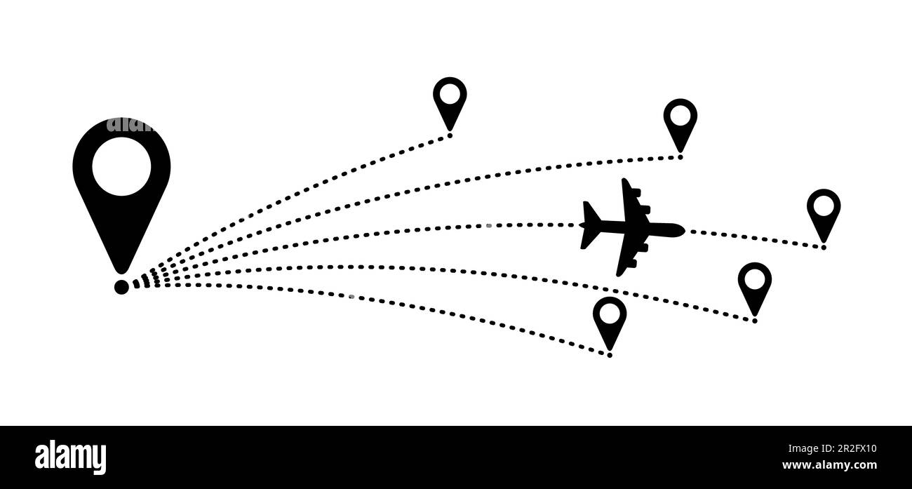 Percorso della linea del piano aereo in aumento. Decollare l'aereo, percorso di volo con punto di partenza. Segnale aereo vettore. Puntatore di posizione. Monitoraggio, vacanza, vacanza. T Foto Stock