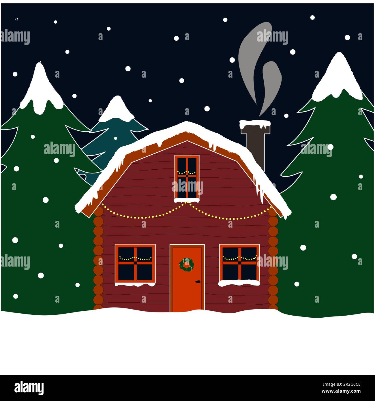 Cabina accogliente in legno o Lodge, nella foresta di alberi di notte con neve. Idea di cartolina di Natale, illustrazione modificabile del vettore. Illustrazione Vettoriale