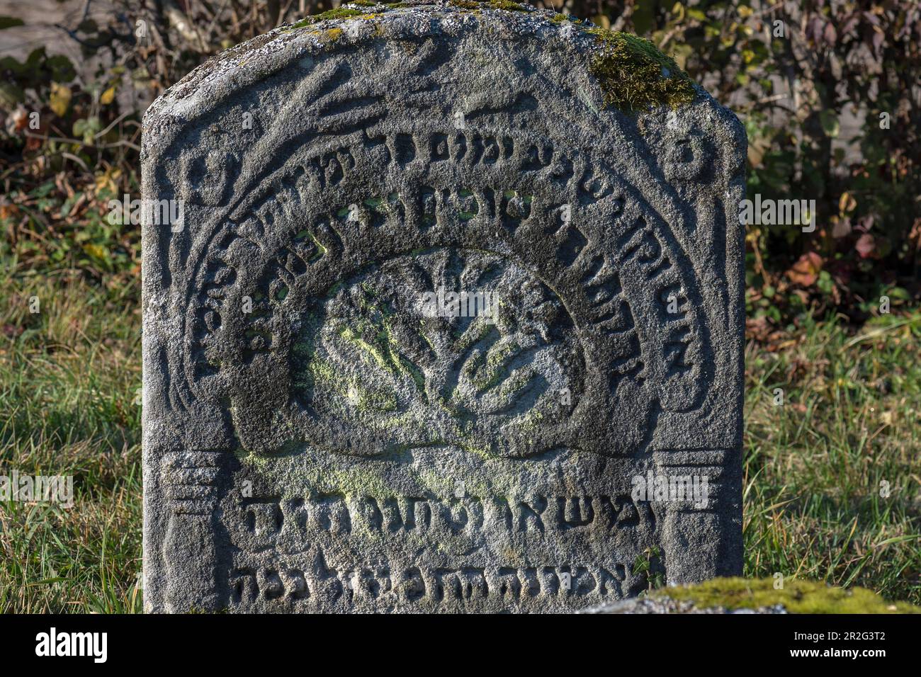 Simboli ebraici su una lapide, storico cimitero ebraico, questo luogo di sepoltura è stato occupato dal 1737 al 1934, Hagenbach, alta Franconia, Baviera Foto Stock