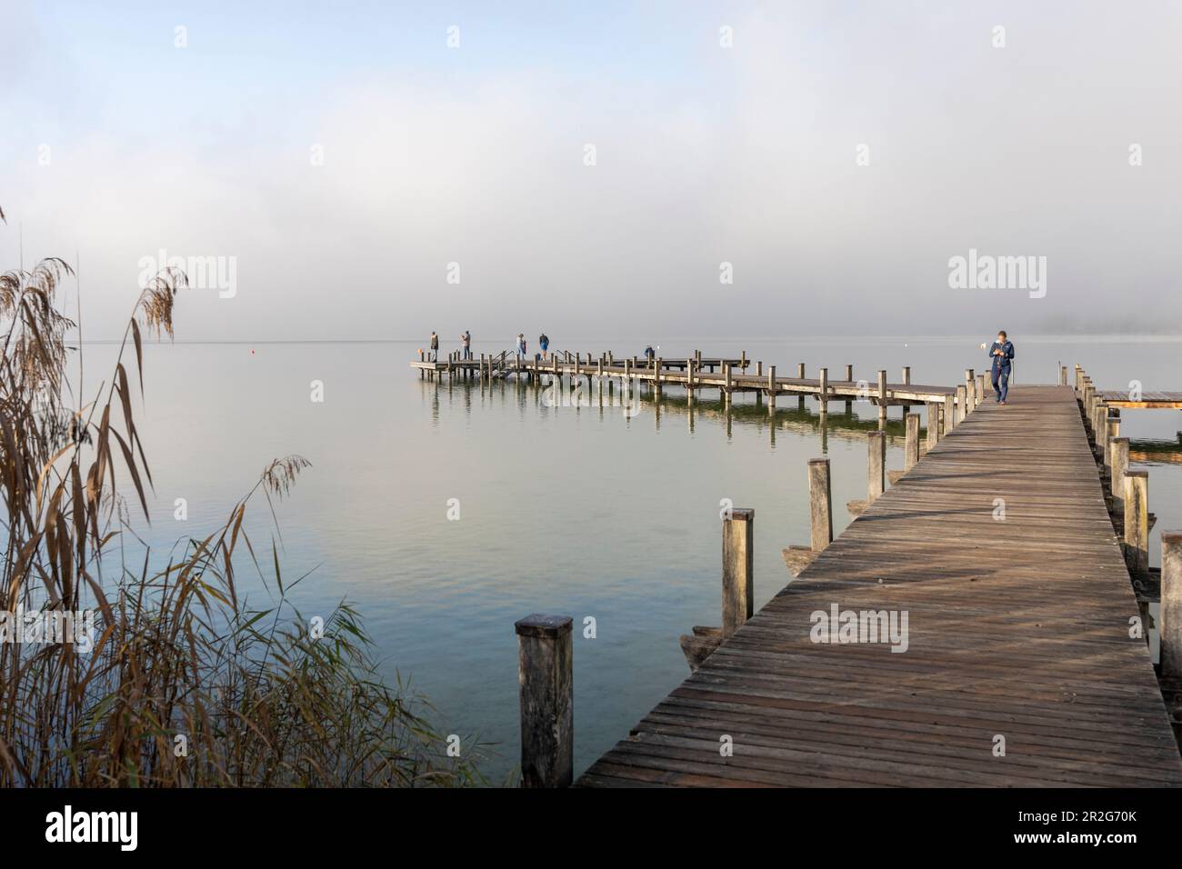 Vista mattutina del molo sul lago di Starnberg sulla spiaggia di Perca, Starnberg, Baviera, Germania. Foto Stock