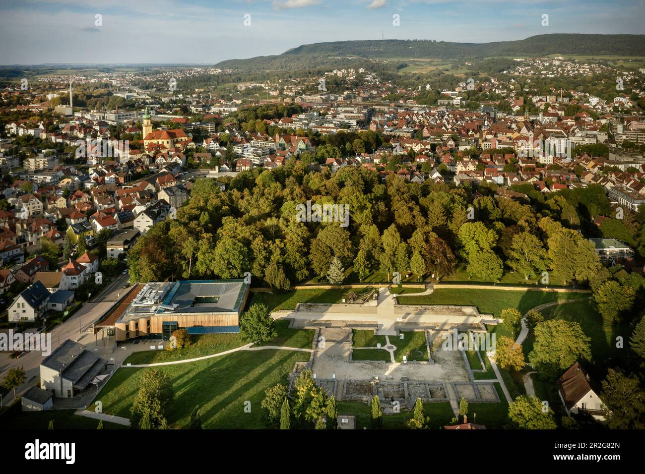 Patrimonio mondiale dell'UNESCO "frontiere dell'Impero Romano - Limes Germanico-Raetiche superiori", Museo Limes, vista aerea del forte di Aale Foto Stock