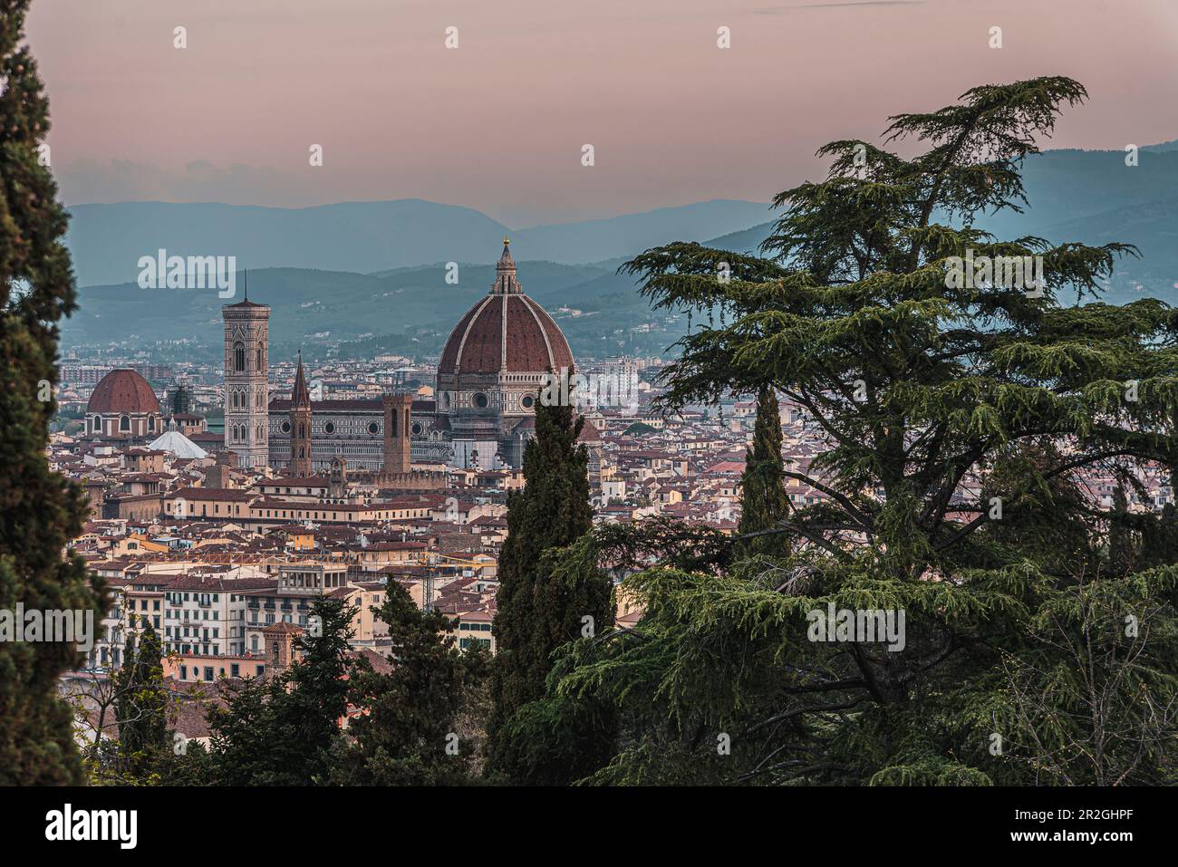 Vista dal roseto Giardino delle Rose, panorama della città di Firenze da Piazzale Michelangelo, Toscana, Italia, Europa Foto Stock