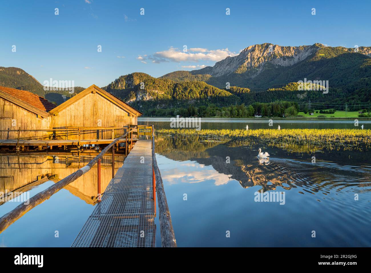 Capanne sul Kochelsee di fronte a Herzogstand (1.731 m), Schlehdorf, alta Baviera, Baviera, Germania Foto Stock