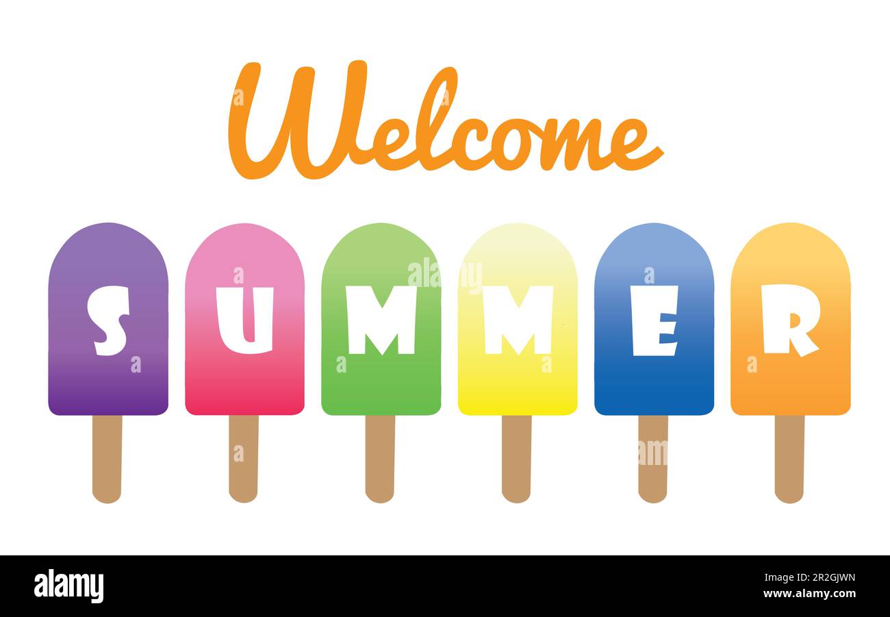 Banner estivo di benvenuto con popsicle colorate su sfondo bianco Illustrazione Vettoriale