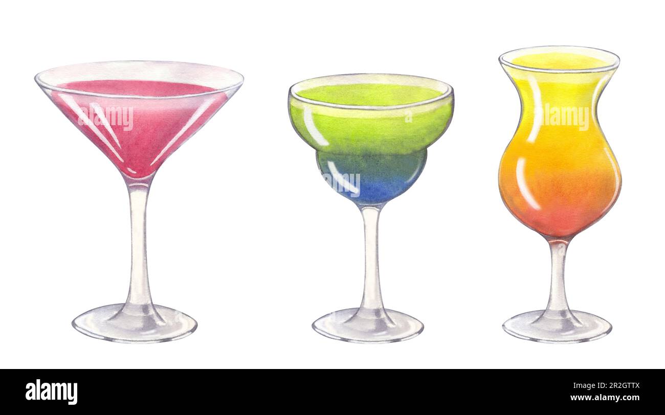 Diverso cocktail di alcool tropicale sulla spiaggia. Martini Mojito bere. Illustrazione di acquerello disegnata a mano su sfondo bianco. Elemento di progettazione. Foto Stock