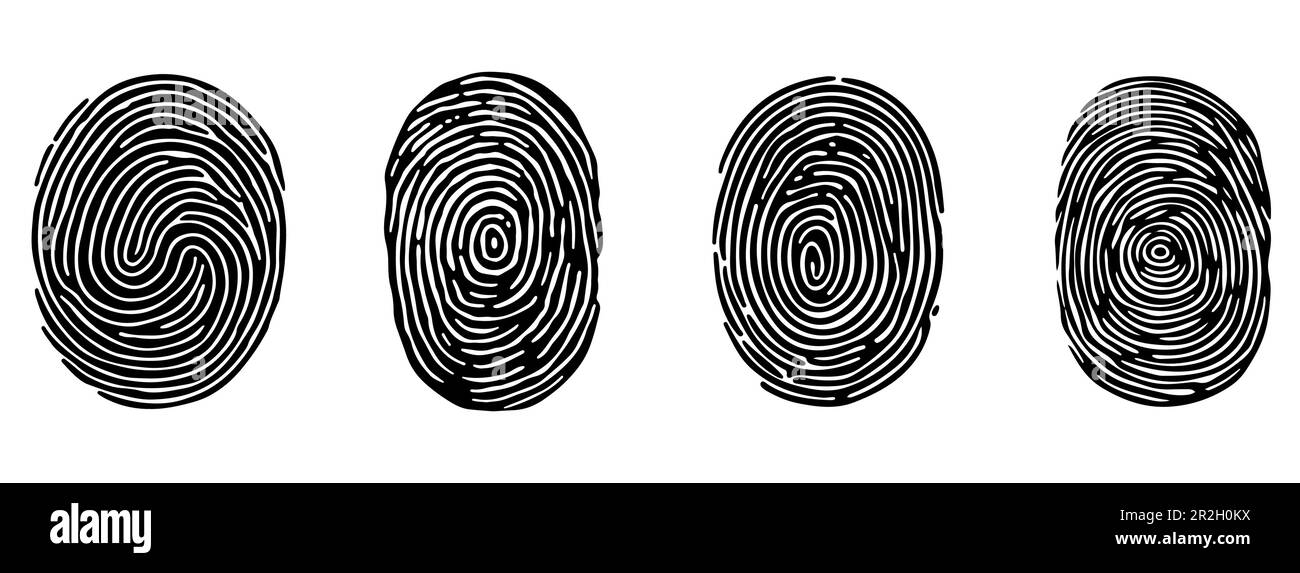 Impronte digitali impostate. Icone nere delle impronte digitali. Segnali di scansione delle impronte digitali. Illustrazione vettoriale Illustrazione Vettoriale