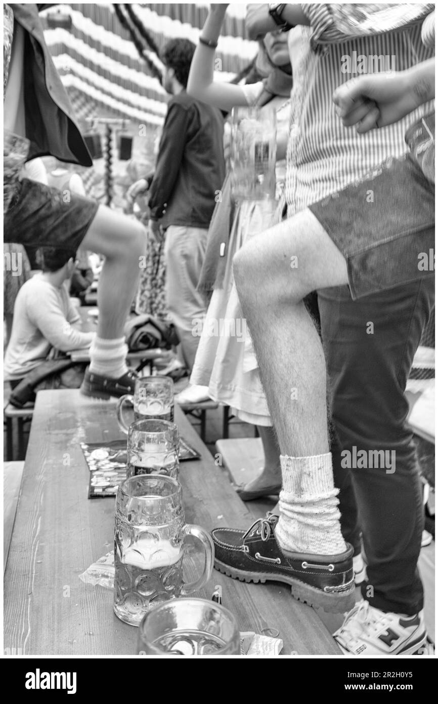 Festeggia le persone in costume bavarese in un festival folcloristico, Theresienwiese, Monaco, Baviera, Germania Foto Stock