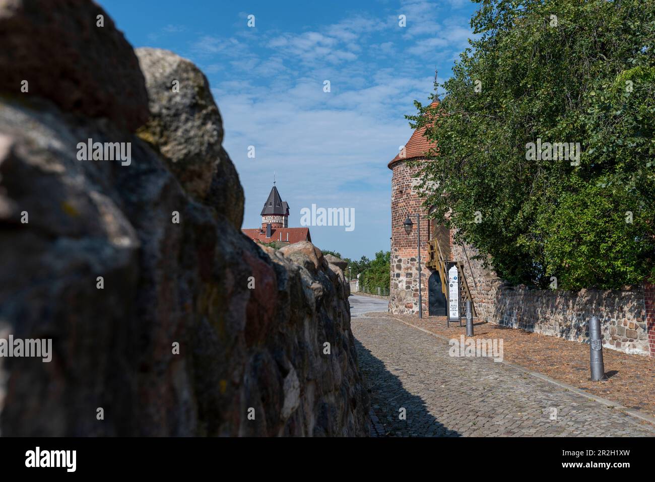Mura storiche della città, torre dell'acqua, torre della strega destra, città di Burg, Gerichower Land, Sassonia-Anhalt, Germania Foto Stock
