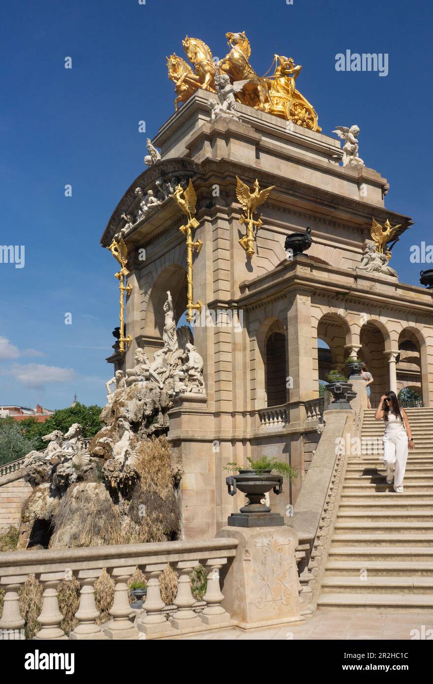 Monumento font de la Cascada del Parc de la Ciutadella, costruito per l'esposizione universale del 1888, con Aurora e il suo carro. Barcellona, Spagna. Foto Stock