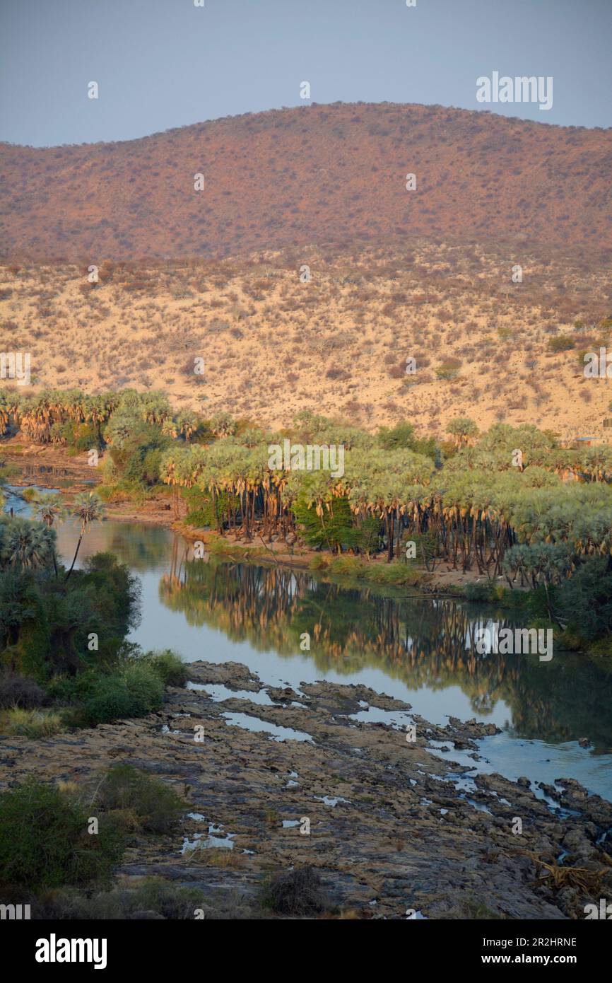 Namibia; Regione di Kunene; Namibia settentrionale; Kaokoveld; a Epupa; Fiume Kunene; paesaggio arido nella stagione secca; fiume di confine con l'Angola Foto Stock