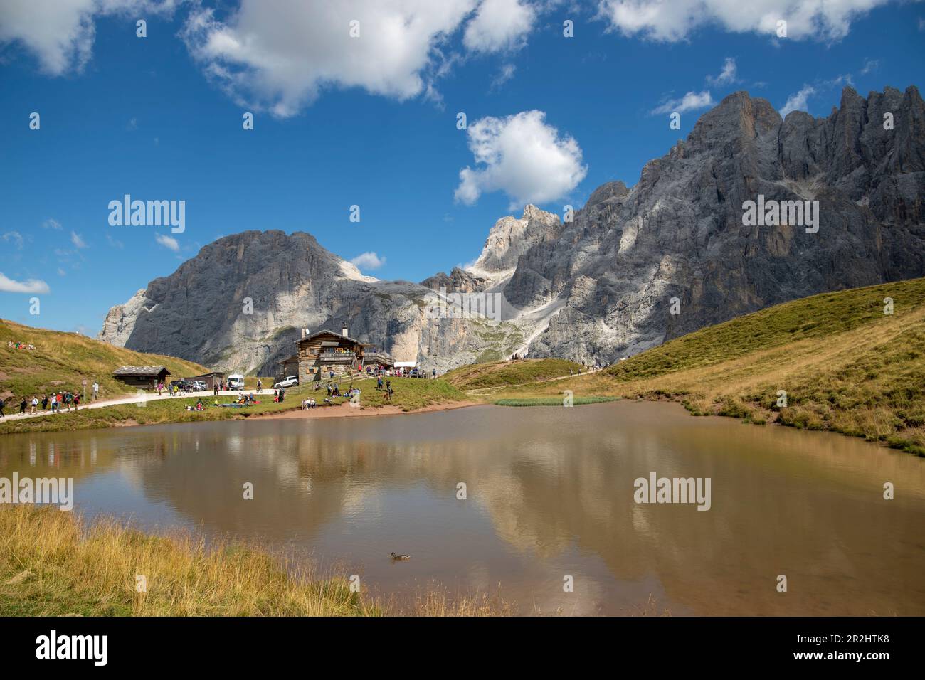 Un piccolo lago vicino a Baita Segantini. Passo Rolle, Villaggio di San Martino di Castrozza, Trento, Trentino Alto Adige, Italia Foto Stock