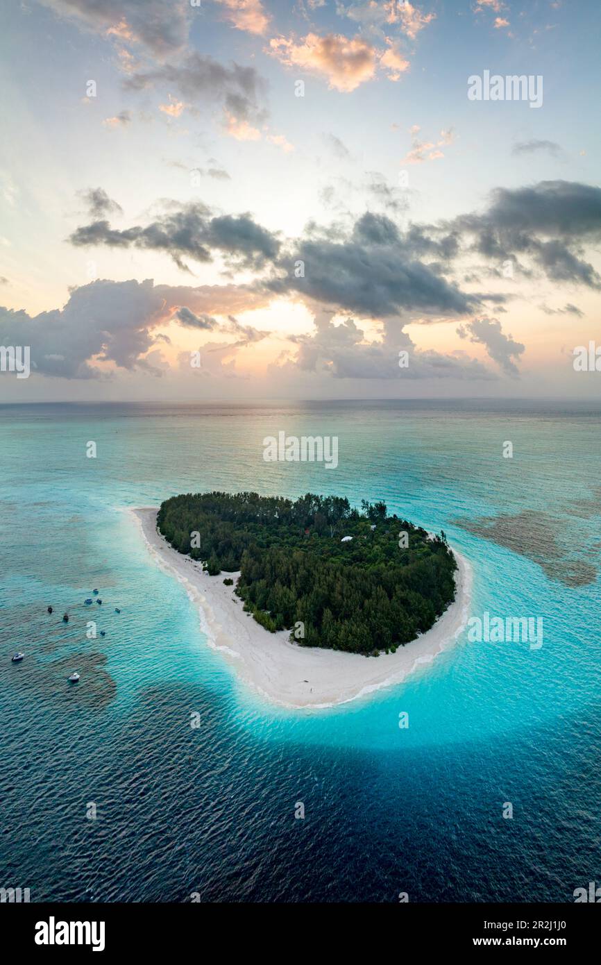 Vista panoramica aerea dell'idilliaco atollo tropicale all'alba, Isola di Mnemba, Zanzibar, Tanzania, Africa orientale, Africa Foto Stock