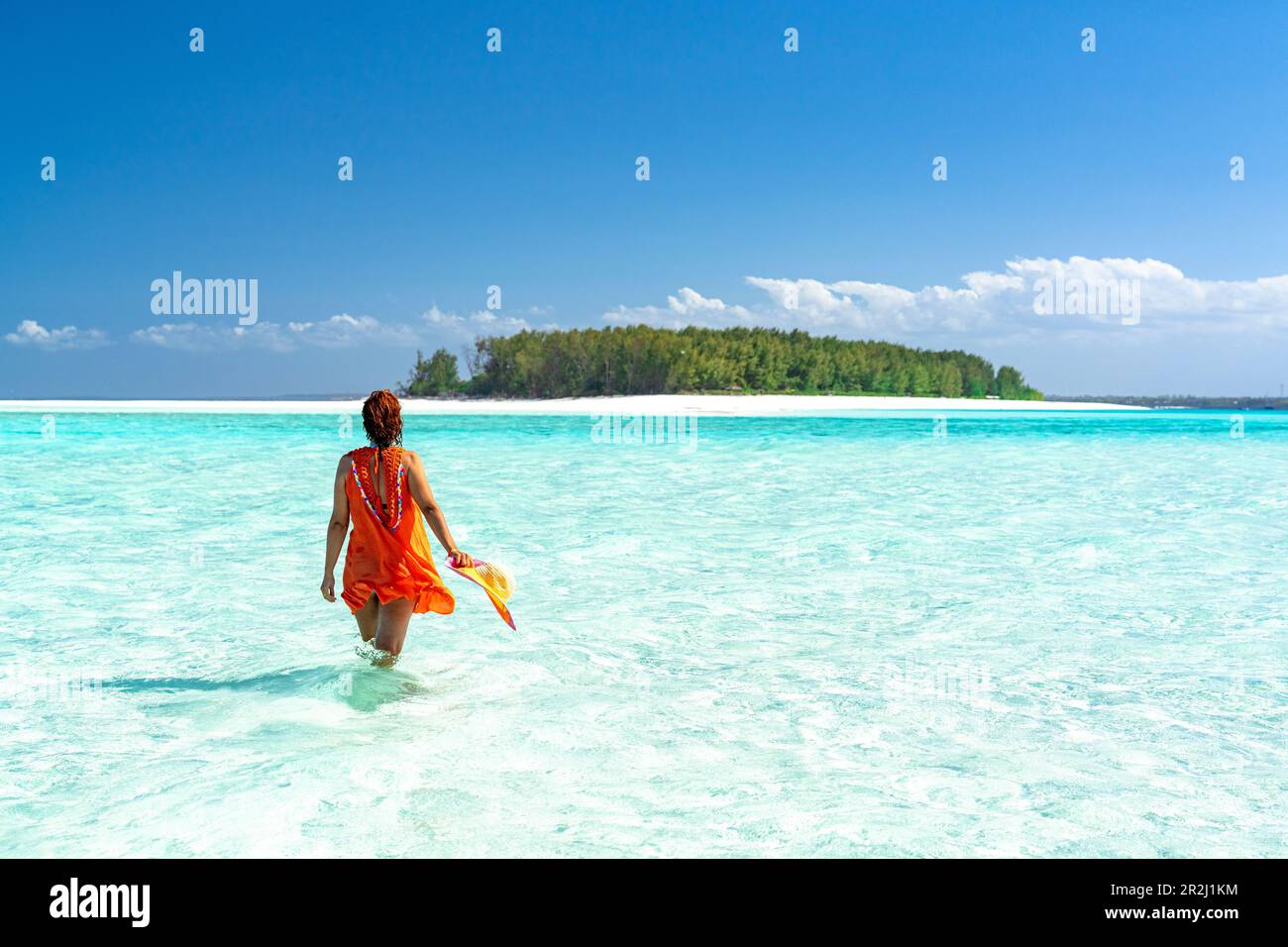 Donna che ammira un'isola esotica in piedi nel mare cristallino blu, Zanzibar, Tanzania, Africa orientale, Africa Foto Stock