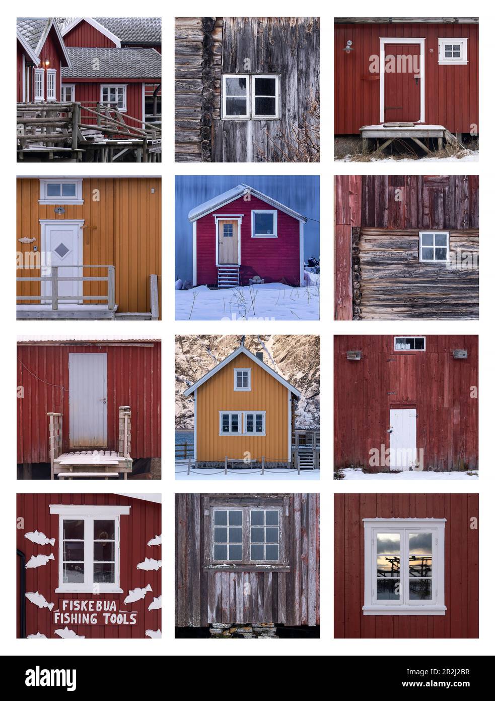 Selezione di cabine Norwegian Rorbuer e dettagli, Isole Lofoten, Troms og Finnmark County, Norvegia, Scandinavia, Europa Foto Stock