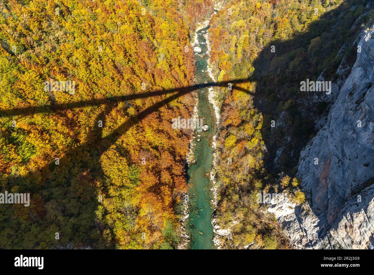 Shadow of Tara Bridge, Tara River e Canyon in autunno, Pljevlja, Montenegro, Europa Foto Stock