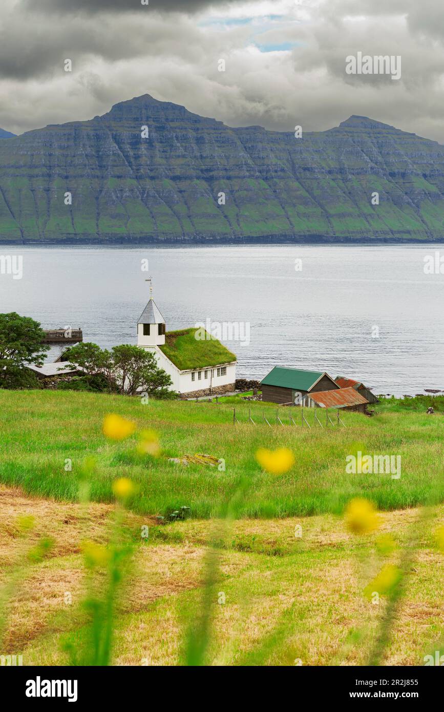 La piccola chiesa bianca di Oyndarfjordur con erba in cima al tetto (tetto in erba sintetica) di fronte all'oceano, comune di Runavikar Foto Stock