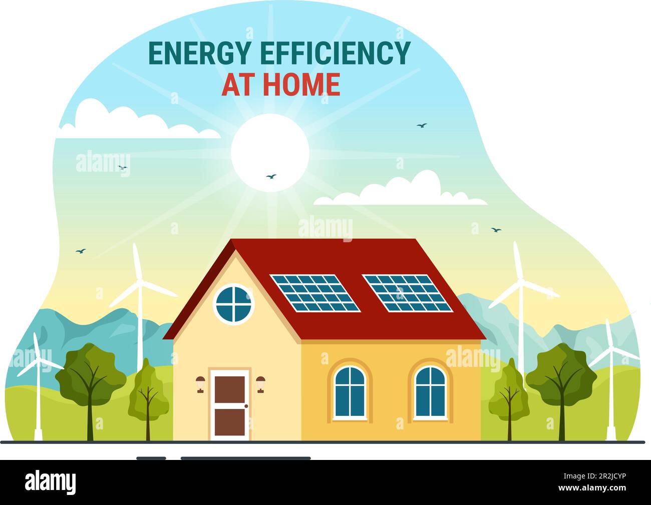 Efficienza energetica a casa Vector Illustrazione di Smart House Technology System con controllo centralizzato in Cartoon piano modelli disegnati a mano Illustrazione Vettoriale