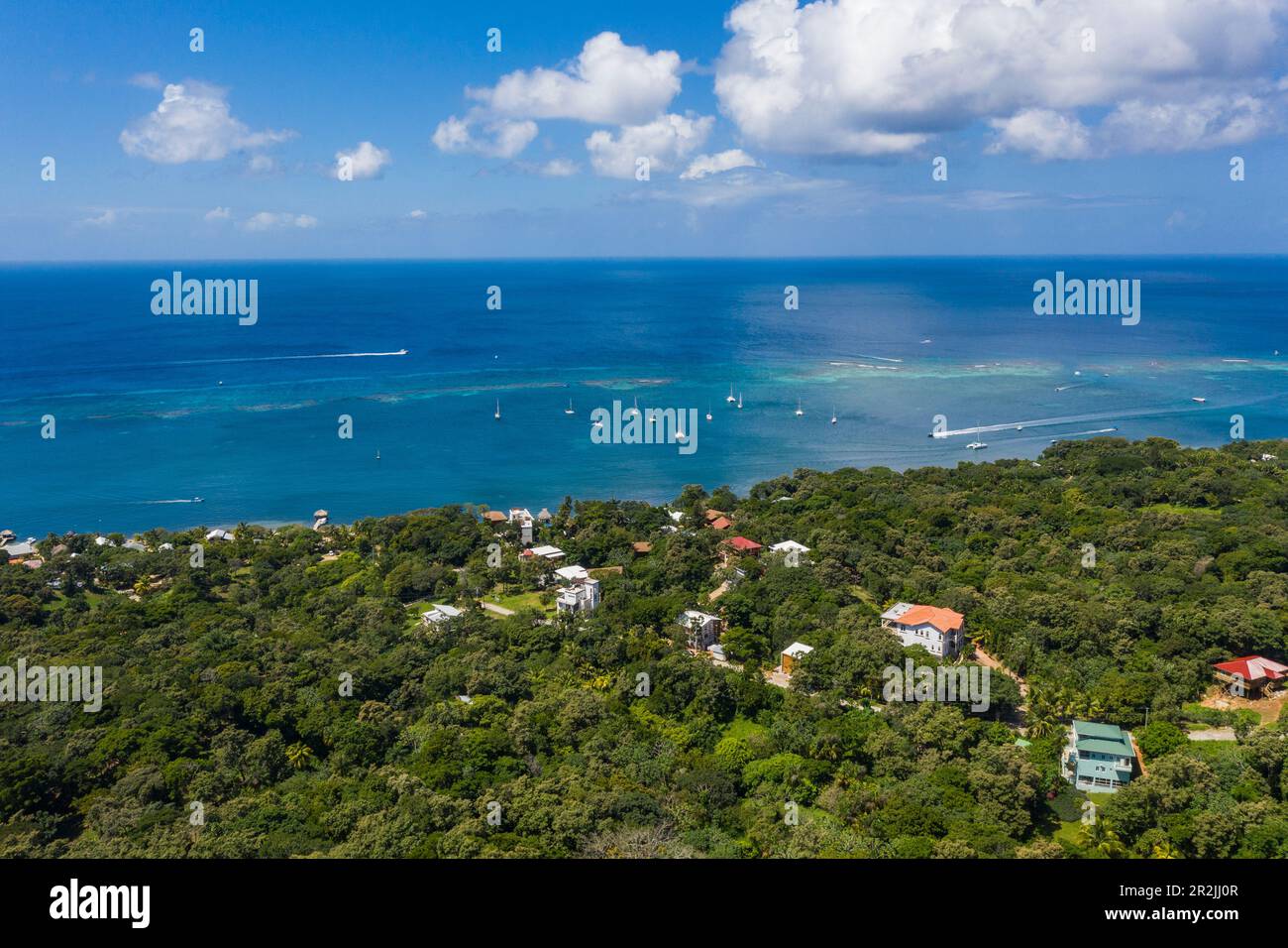 Vista aerea della costa e di West Bay, Roatan, Bay Islands, Honduras, America Centrale Foto Stock