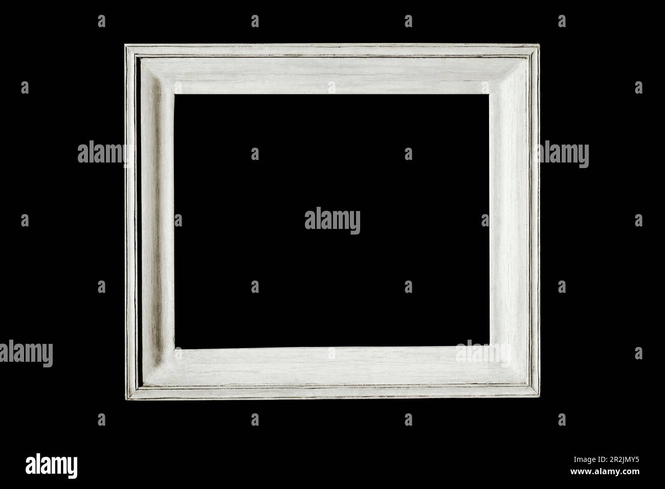 Cornice fotografica in legno bianco, semplice, di medie dimensioni, modello isolato, sfondo nero Foto Stock