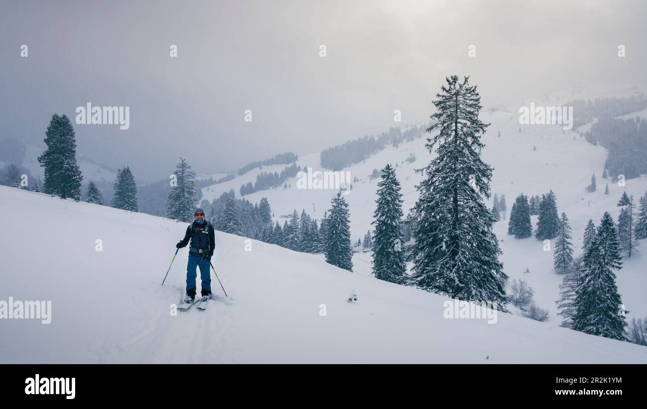 Tour sciistico delle Lacherspitze innevate a Sudelfeld in Baviera, sciatori nella neve tra alberi innevati Foto Stock