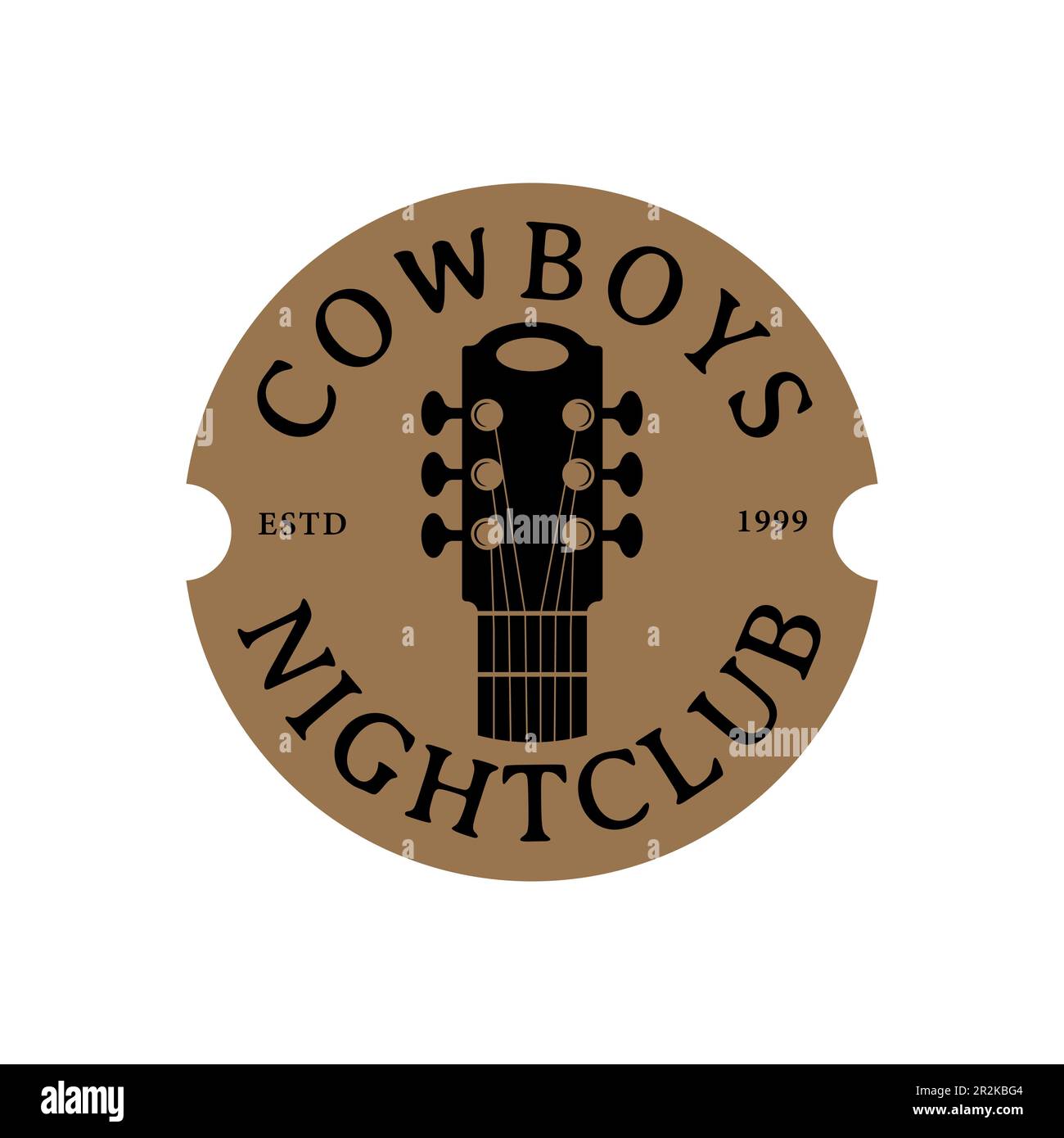 Vintage retro Cross Country Guitar per Saloon Bar Cowboy Music Logo francobollo, emblema di chitarra Illustrazione Vettoriale