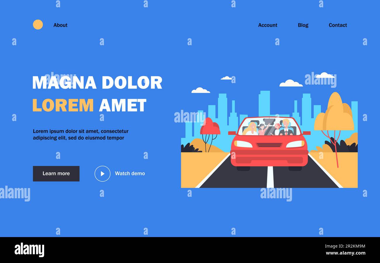 Felice coppia di famiglia e due bambini in auto Illustrazione Vettoriale