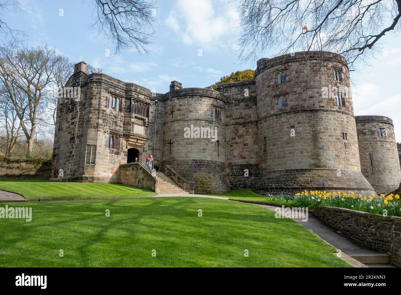 Fortezza medievale al castello di Skipton a Skipton, North Yorkshire, Inghilterra, Regno Unito Foto Stock