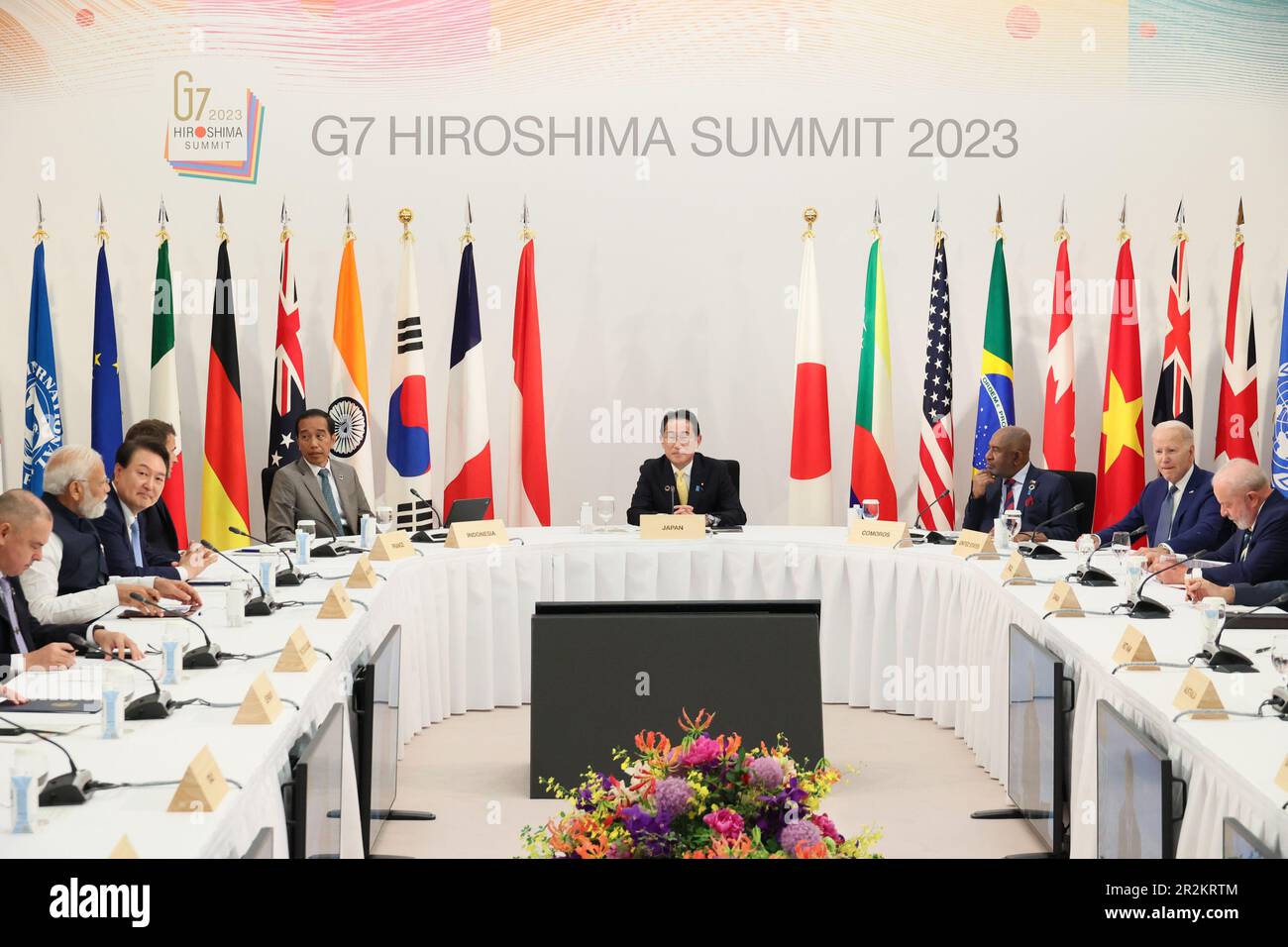 Hiroshima, Giappone. 20th maggio, 2023. I leader e i delegati partecipano alla seconda giornata del vertice G7 di sabato 20 maggio 2023 a Hiroshima, in Giappone. Il Giappone ospita il summit del G7 a Hiroshima dal 19-22 maggio. Foto di G7 Hiroshima Summit/ Credit: UPI/Alamy Live News Foto Stock