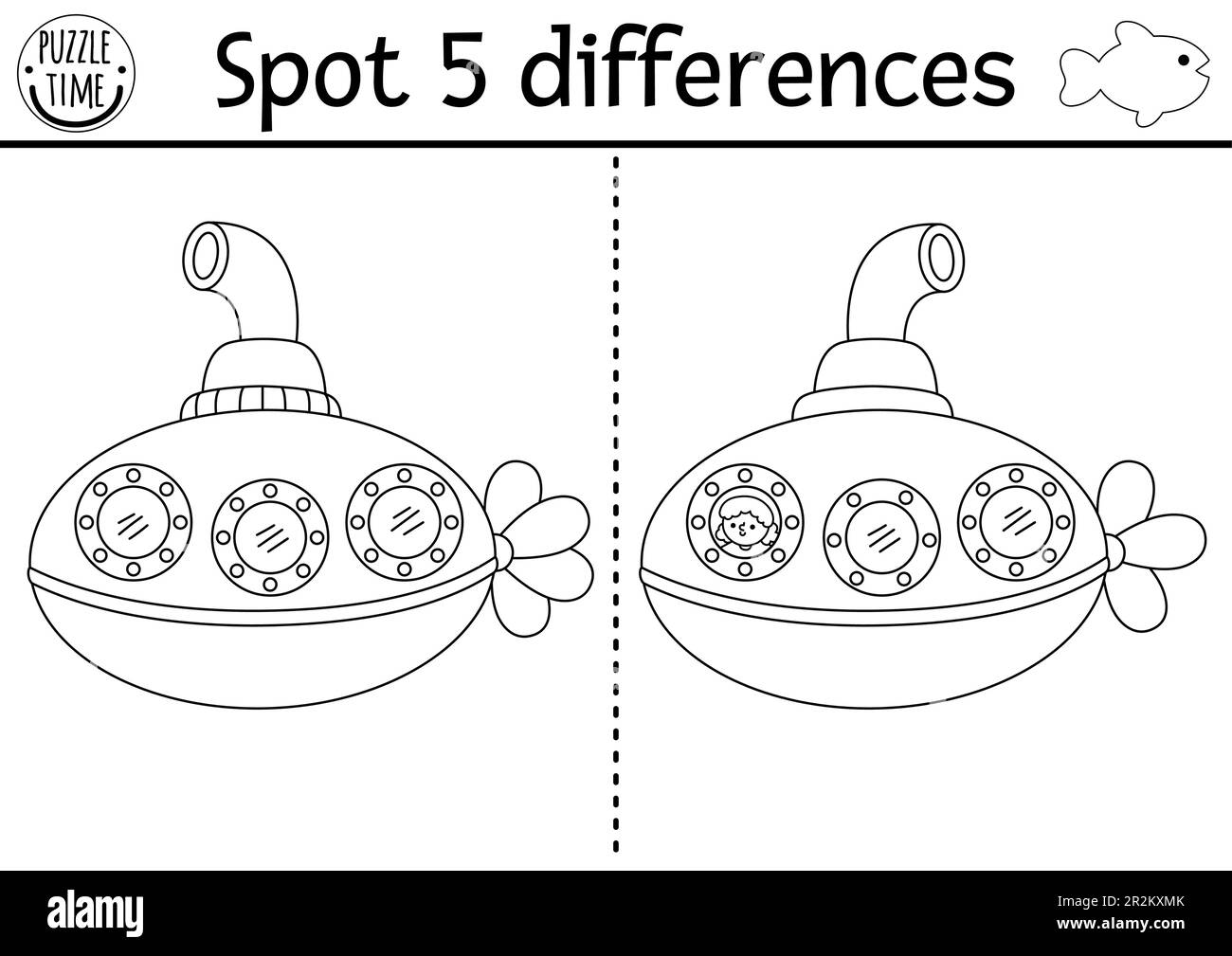 Trova gioco differenze per i bambini. Sotto il mare attività educativa in bianco e nero con carino sottomarino. Puzzle di linea di vita oceanica per bambini con barca. Illustrazione Vettoriale