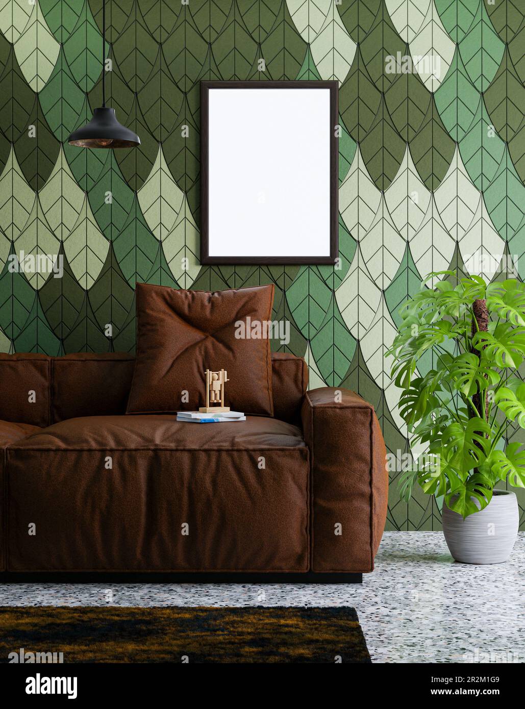 Cornice foto vuota mockup appeso su sfondo decorativo verde parete Foto Stock