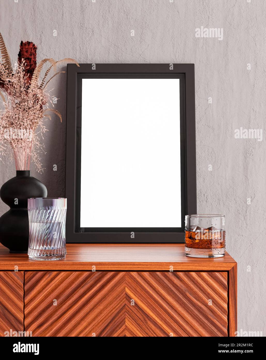 Cornice foto vuota mockup su tavolo di legno e parete bianca appoggiante sfondo Foto Stock