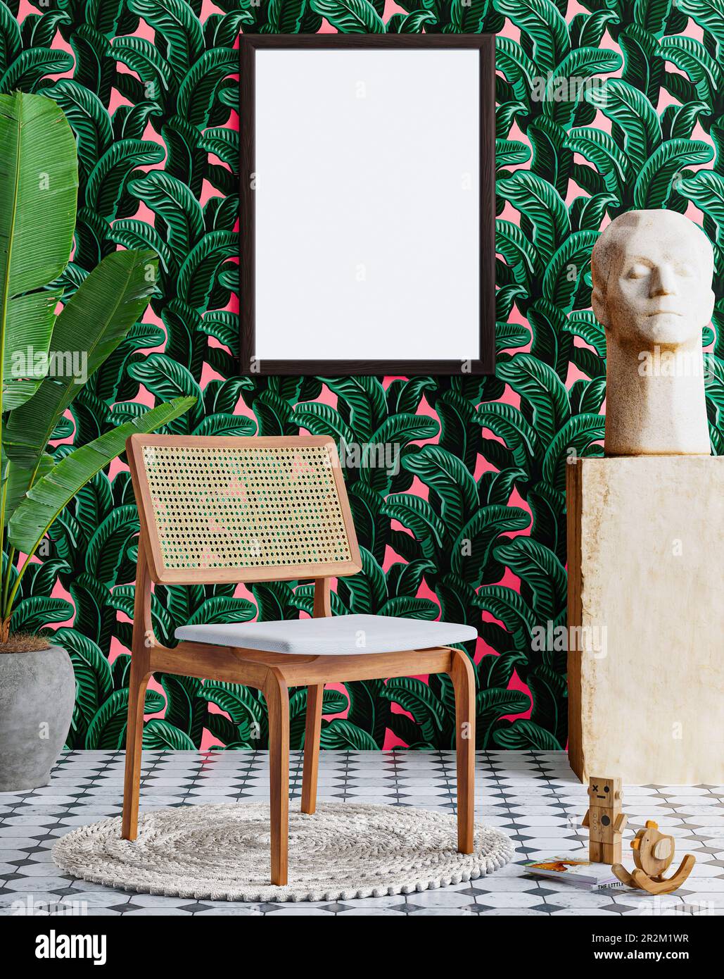 Cornice foto vuota mockup appeso su uno sfondo parete tropicale Foto Stock