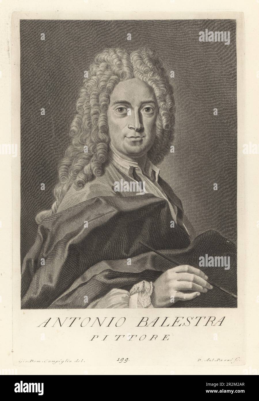 Antonio balestra, pittore italiano del periodo rococò, 1666-1740. In parrucca e mantello in polvere, tenendo un pennello. Pittore. Incisione in copperplate di Pietro Antonio Pazzi dopo Giovanni Domenico Campiglia dopo un autoritratto dell'artista del Museo Florentino di Francesco Moucke, Serie di Ritratti de Pittori (Serie di ritratti di pittori) stamperia Mouckiana, Firenze, 1752-62. Foto Stock