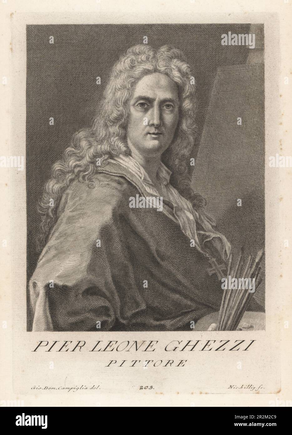 Pier Leone Ghezzi, pittore e caricaturista italiano rococò attivo a Roma, 1674-1755. In parrucca in polvere, tenendo una tavolozza e pennelli prima di una tela su un cavalletto. Pittore. Incisione in copperplate di Niccolo Billy dopo Giovanni Domenico Campiglia dopo un autoritratto dell'artista del Museo Florentino di Francesco Moucke, Serie di Ritratti de Pittori (Serie di ritratti di pittori) stamperia Mouckiana, Firenze, 1752-62. Foto Stock