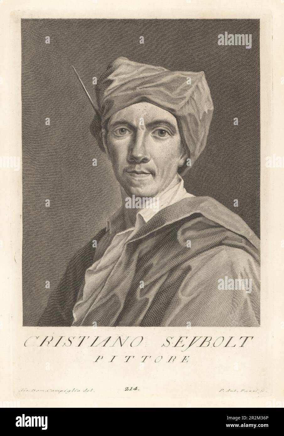 Christian Seybold, pittore tedesco in stile barocco, 1695-1768. Dipinse molte cerimonie e autoritratti. In smock e cappello con pennello dietro l'orecchio. Cristiano Seybolt, Pittore. Incisione in copperplate di Pietro Antonio Pazzi dopo Giovanni Domenico Campiglia dopo un autoritratto dell'artista del Museo Florentino di Francesco Moucke, Serie di Ritratti de Pittori (Serie di ritratti di pittori) stamperia Mouckiana, Firenze, 1752-62. Foto Stock