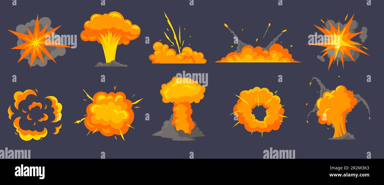 Set di illustrazioni vettoriali per cartoni animati di esplosioni diverse Illustrazione Vettoriale