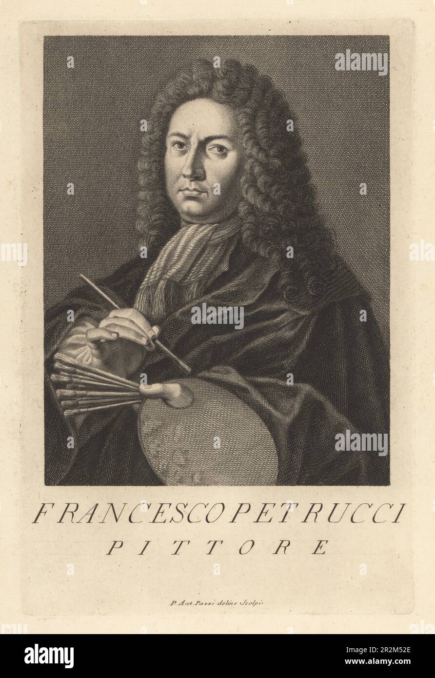 Francesco Petrucci, pittore italiano e disegnatore intermedio su stampe di Lorenzini, Mogalli e Vercruysse, 1660-1719. Pittore. Incisione su copperplate disegnata ed incisa da Pietro Antonio Pazzi dopo un autoritratto dell'artista dal Museo Florentino di Francesco Moucke, Serie di Ritratti de Pittori (Serie di ritratti di pittori) stamperia Mouckiana, Firenze, 1752-62. Foto Stock