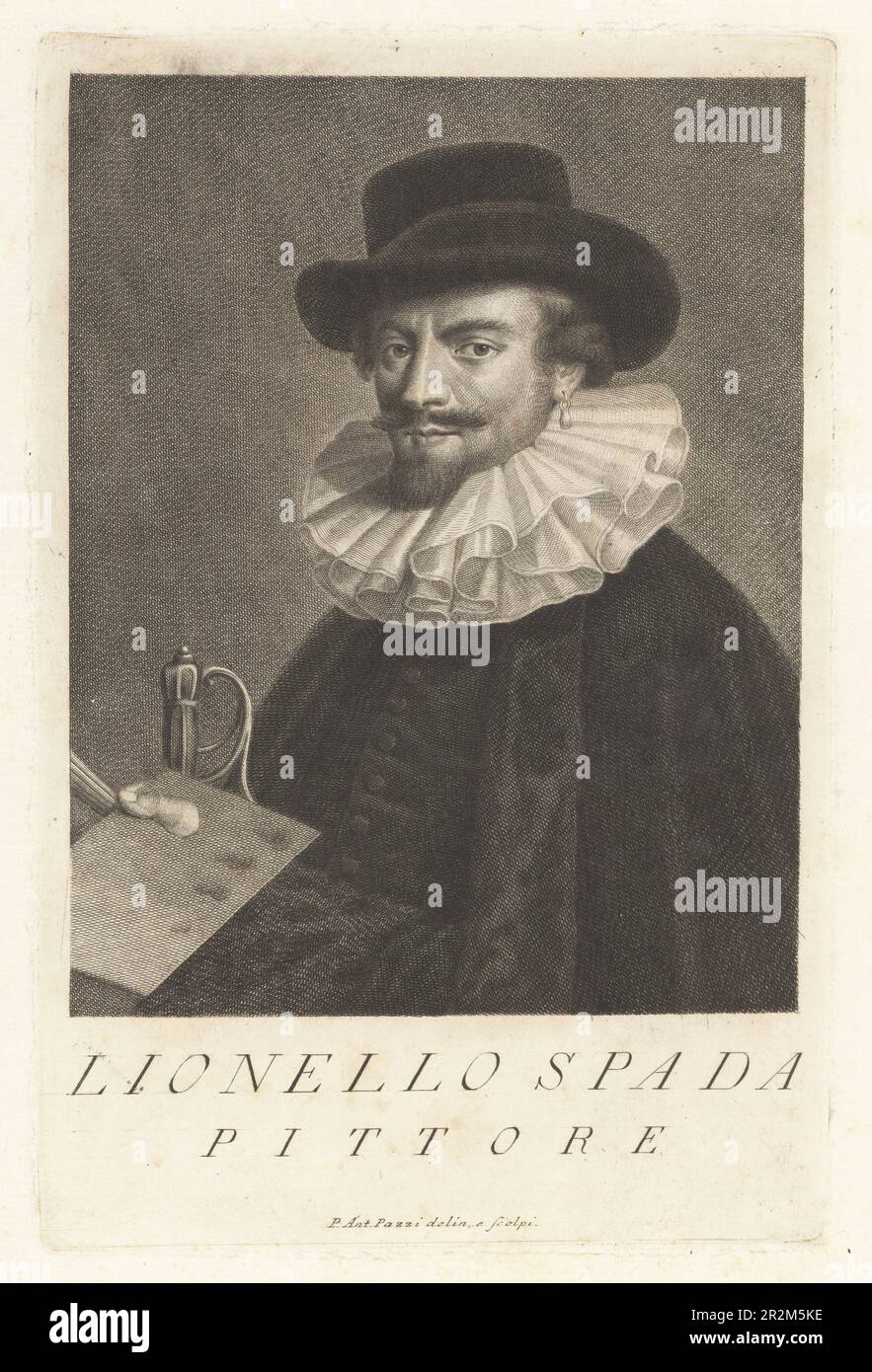 Leonello Spada, pittore italiano del periodo barocco, 1576-1622. Attivo a Roma e la sua città natale di Bologna, seguace di Caravaggio. In cappello, manto e collare di ruff, che tiene la tavolozza e pennelli, con la spada hilt. Lionello Spada, Pittore. Incisione su copperplate disegnata ed incisa da Pietro Antonio Pazzi dopo un autoritratto dell'artista dal Museo Florentino di Francesco Moucke, Serie di Ritratti de Pittori (Serie di ritratti di pittori) stamperia Mouckiana, Firenze, 1752-62. Foto Stock