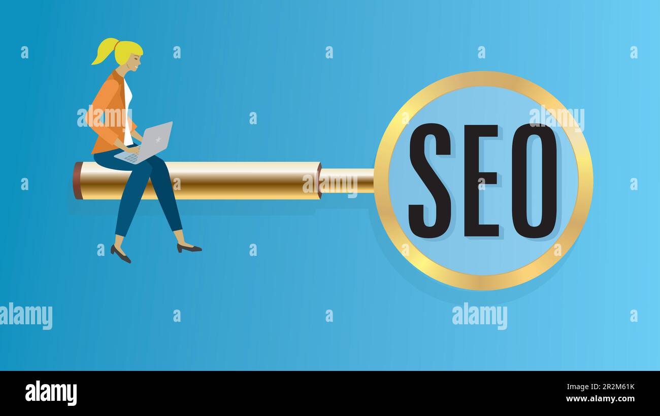 Donna con notebook seduta su una grande lente d'ingrandimento dorata. Dimensione 16:9. Illustrazione vettoriale. Illustrazione Vettoriale