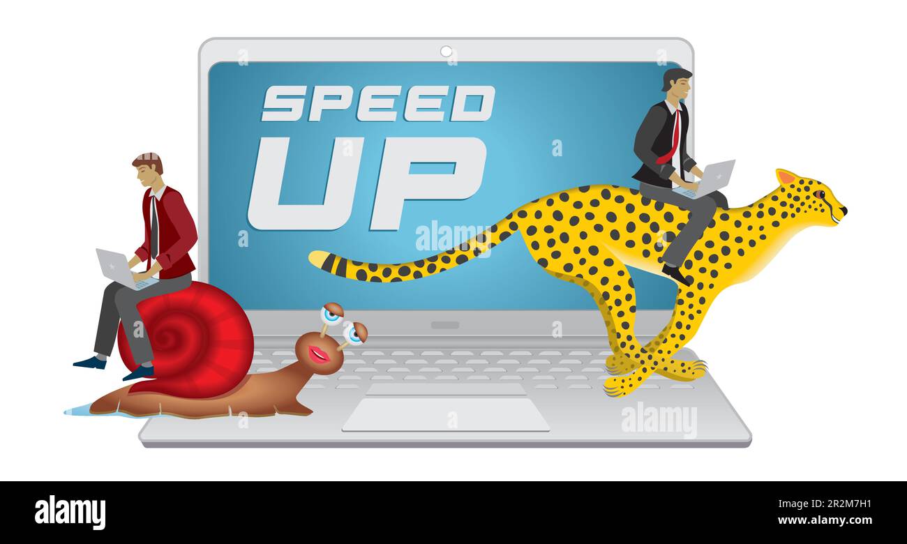 Uomo che corre veloce con un notebook che cavalca un ghepardo, uomo più lento che cavalca una lumaca. isolato. Illustrazione vettoriale. Illustrazione Vettoriale